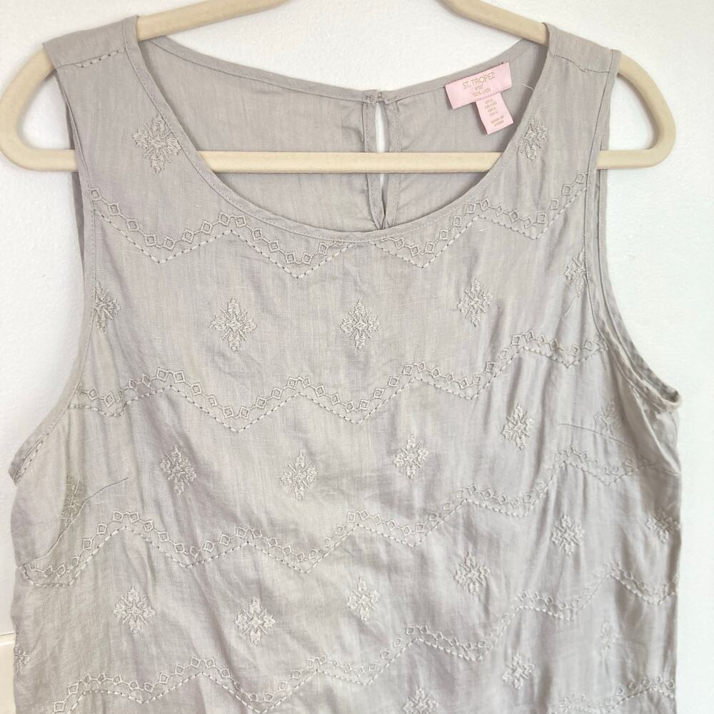 St Tropez West Gray 100% Linen Allover Embroidered Top Womens L Coastal Beachy